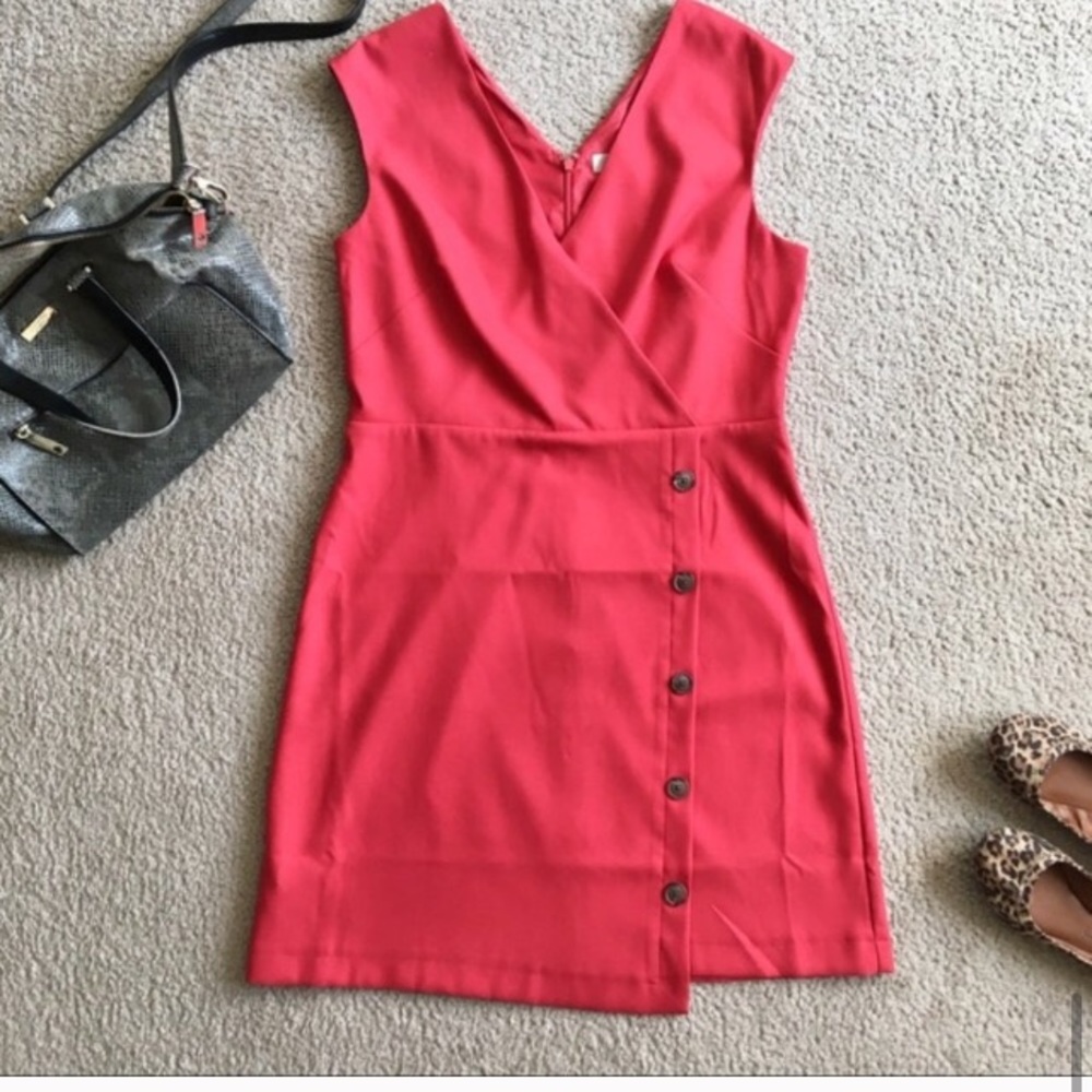 Loft red button dress faux wrap career versatile